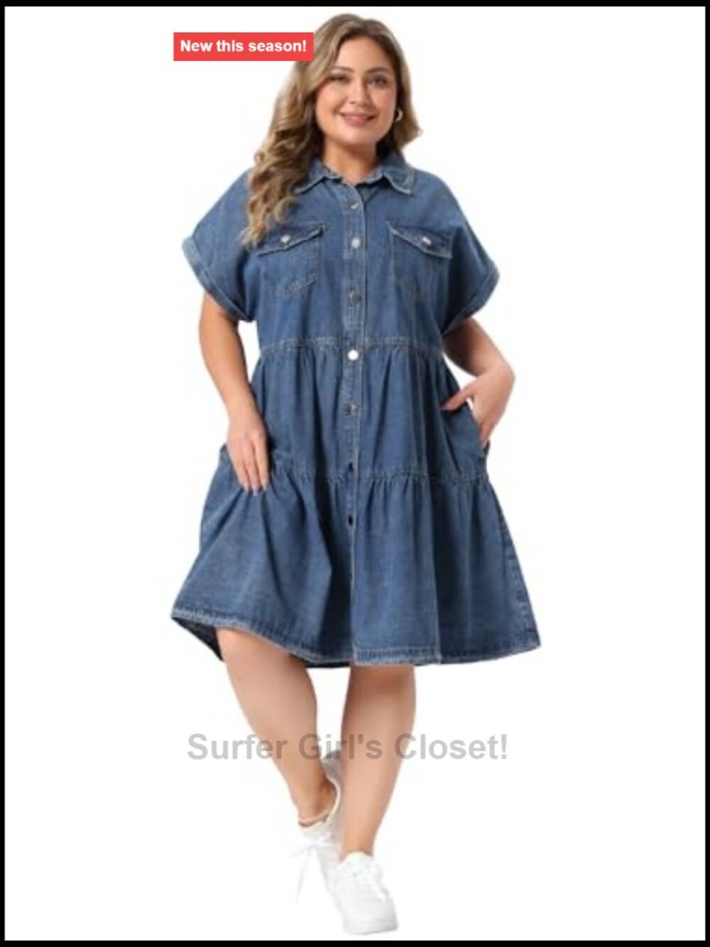 Plus Size Denim Babydoll Dress Button Down Short Sleeve Tiered Pockets Casual - Picture 3 of 6